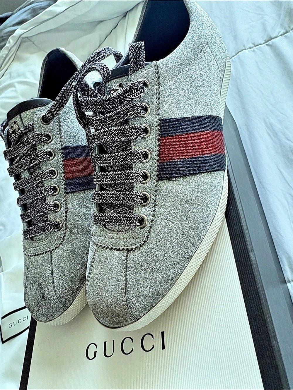 Gucci Glitter Web Studded Low-Top Sneaker Sneakers Silver & Red US 7